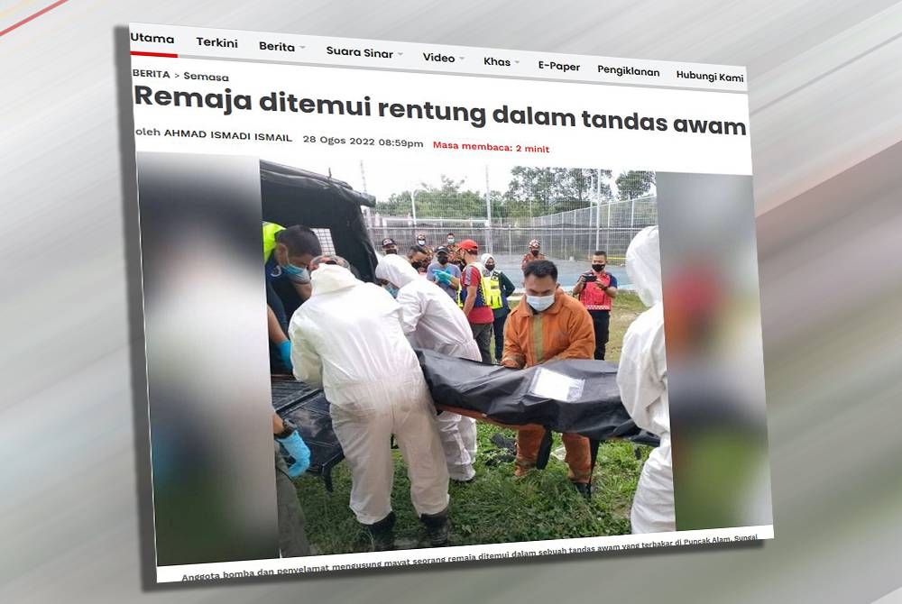 Tangkap layar Sinar Ahad berkaitan seorang remaja berusia 16 tahun ditemui rentung di dalam sebuah tandas awam di Puncak Alam, Sungai Buloh.