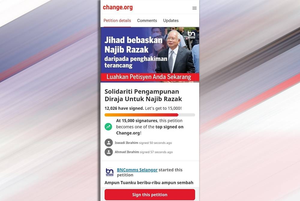 Petisyen dalam talian dilancarkan BNComms Selangor untuk Najib di platform change.org,