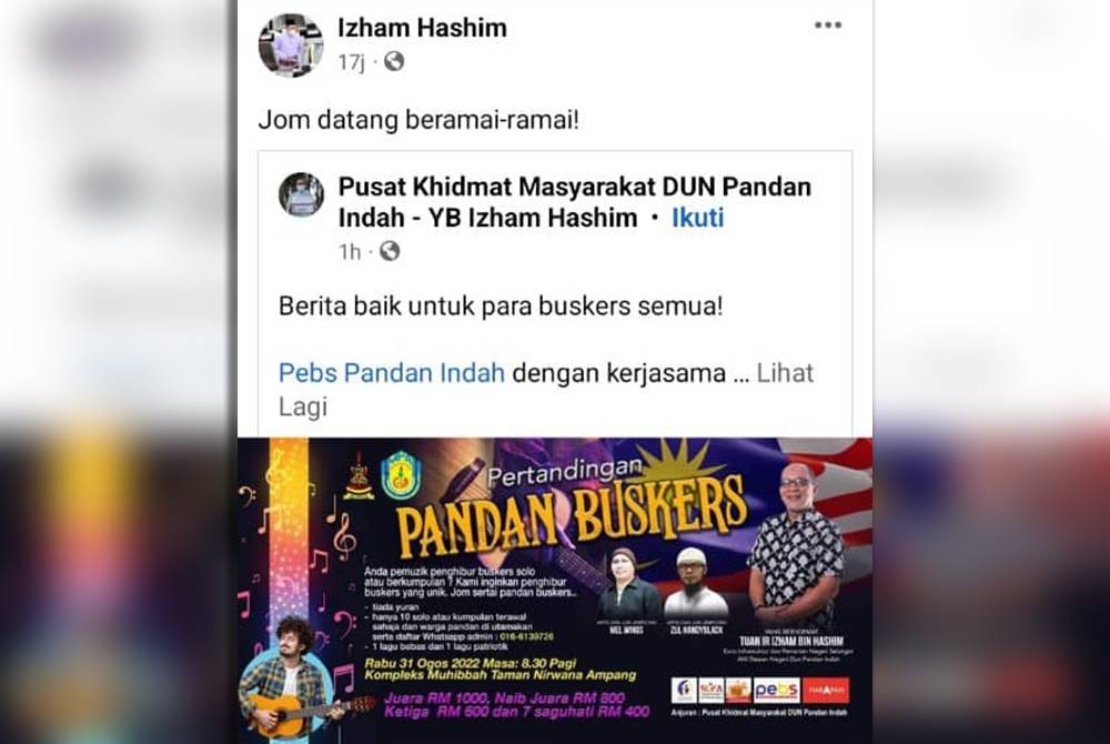 Tangkap layar Facebook Izham berkongsi hantaran PKM DUN Pandan Indah