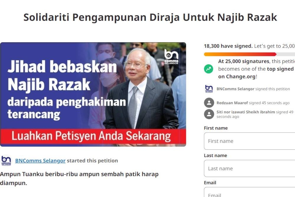 Tangkap layar petisyen Solidariti Pengampunan Diraja Untuk Najib Razak yang dibuat oleh BNComms Selangor di di platform change.org.