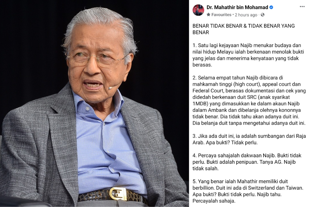 Hantaran Dr Mahathir di Facebook pada Selasa.