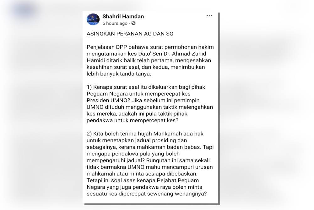 Tangkap layar kenyataan dimuat naik di laman Facebook Ketua Penerangan UMNO, Shahril Hamdan.