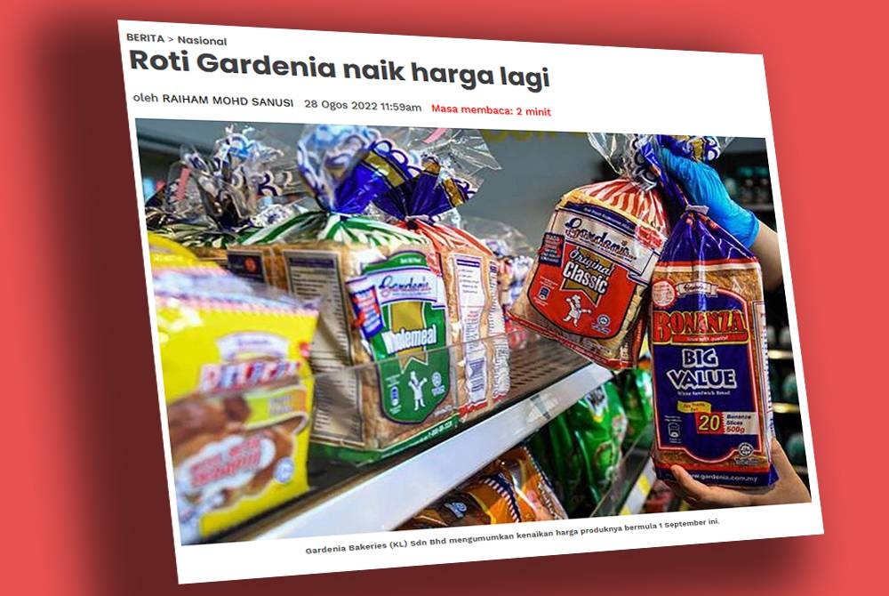 Laporan Sinar Harian berhubung kenaikan harga roti Gardenia.