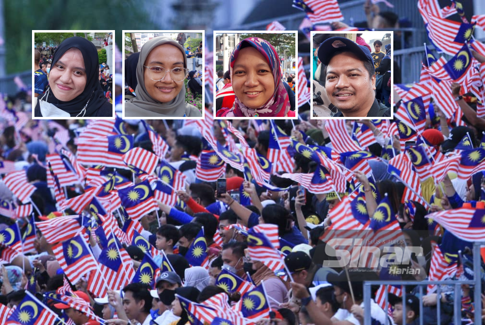 Orang ramai teruja meraikan sambutan Hari Kebangsaan 2022 yang diadakan di Dataran Merdeka, Kuala Lumpur. - Foto Sinar Harian/ ROSLI TALIB (Gambar kecil: (Dari kiri; Nurul Farhanah; Rose; Noor Farhana dan Mohd Noor)