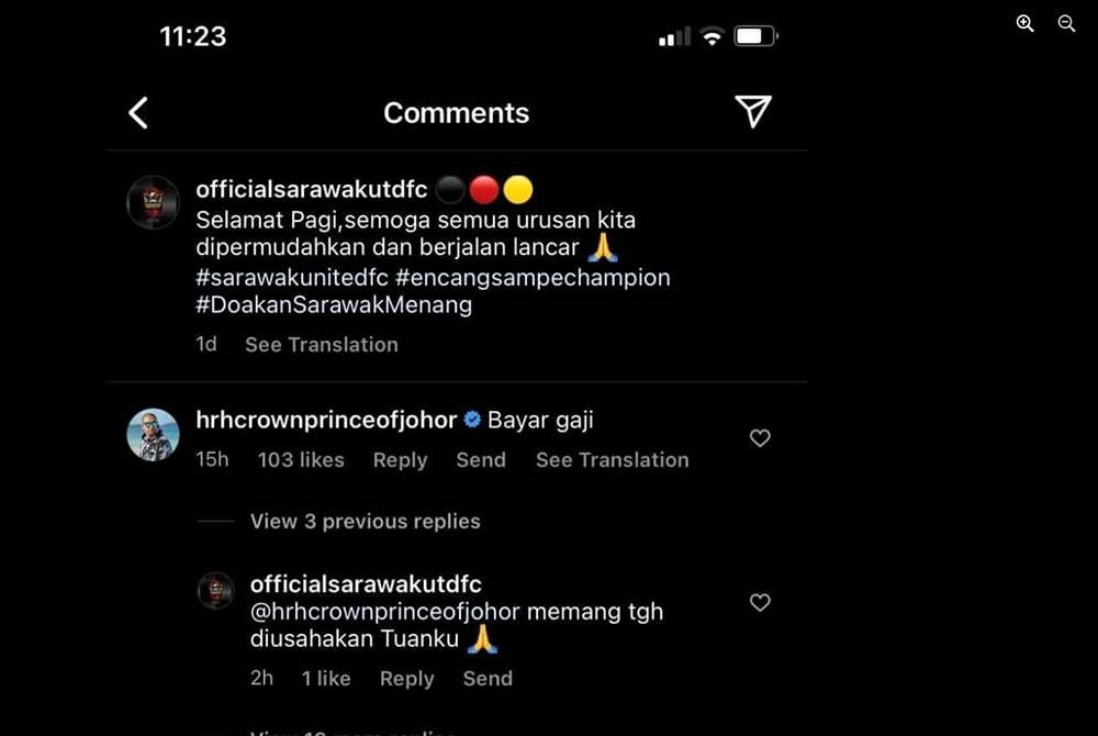 Komen Tunku Ismail Sultan Ibrahim di Instagram Sarawak United. - Foto Instagram Sarawak United