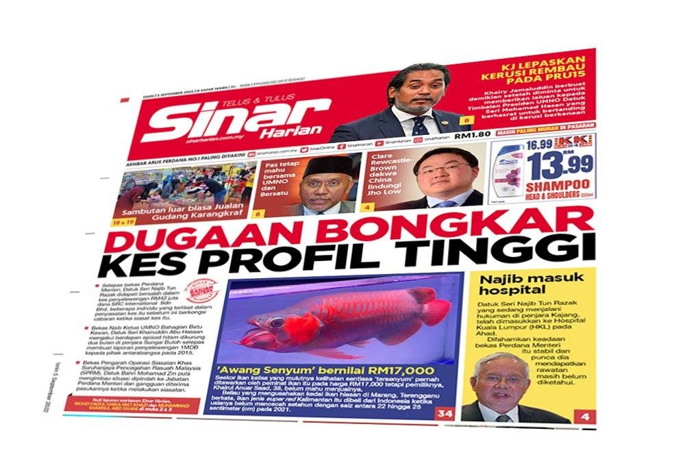 Laporan muka depan Sinar Harian siaran Isnin.