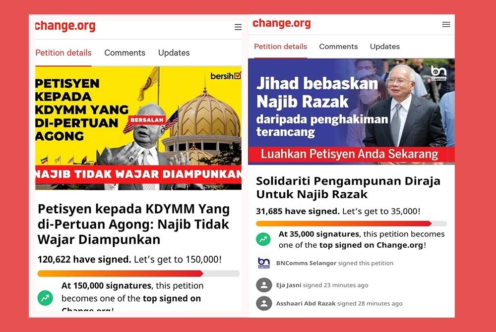 Tangkap layar Petisyen kepada KDYMM Yang di-Pertuan Agong: Najib Tidak Wajar Diampunkan digerakkan Gabungan Pilihan Raya Bersih dan Adil (Bersih) pula memperoleh lebih 120,000 tandatangan (Gambar kanan : Tangkap layar Petisyen Solidariti Pengampunan Diraja Untuk Najib Razak yang dibuat oleh BNComms Selangor di platform change.org mendapat lebih 31,000 tandatangan)