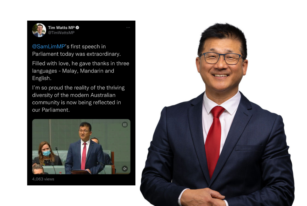 Sam Lim. (Gambar kecil: Tangkap layar Twitter Tim Watts yang berkongsi mengenai ucapan Sam Lim pada sidang Parlimen Australia.)