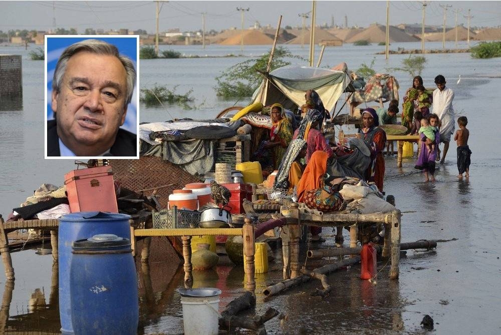 Guterres (gambar kecil) akan berlepas ke Pakistan sebagai tanda bersolidariti dengan rakyat negara itu yang dilanda banjir buruk. - Foto AP