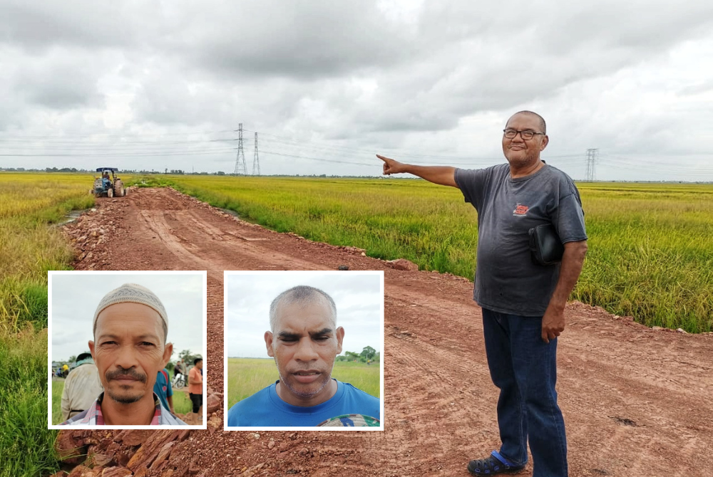 Ridzuan menunjukkan jalan ladang yang belum siap. Gambar kecil dari kiri: Mohd Nasir, Mohd Salleh.