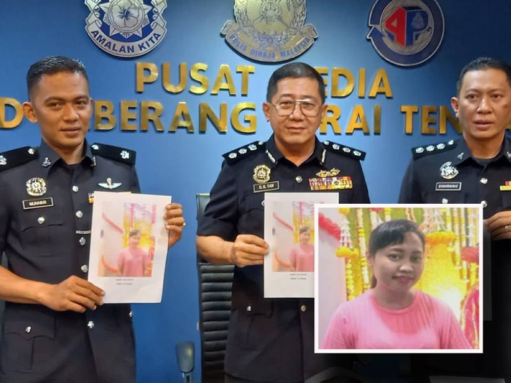 Cheng San (tengah) bersama pegawainya menunjukkan gambar suspek yang sedang dikesan. Gambar kecil: Suspek yang merupakan seorang Indonesia.