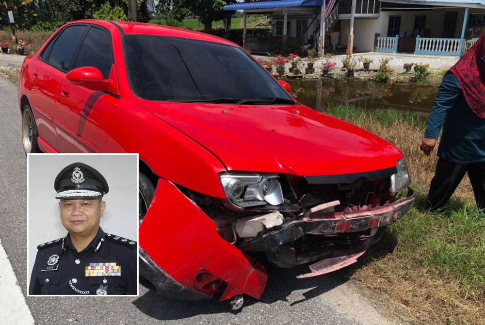 Keadaan kereta dalam kemalangan membabitkan tiga kenderaan hingga mengorbankan dua murid lelaki dekat Sungai Manik, pada Isnin. Gambar kecil: Ahmad Adnan