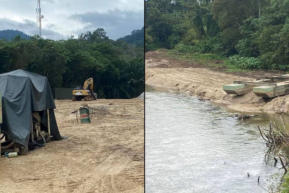 Peralatan dan jentera yang dipercayai digunakan untuk aktiviti mengambil pasir di Sungai Selama, di sini.