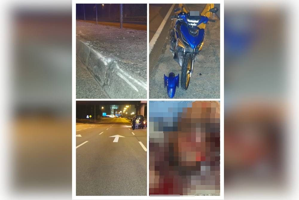 Seorang penunggang motosikal maut selepas hilang kawalan lalu melanggar pembahagi jalan sebelum terjatuh di Jalan Taman Tasik Prima arah Puchong, pada Rabu. - Foto PDRM