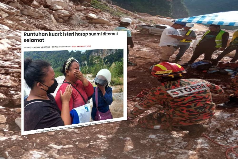 Pasukan bomba menjalankan pemeriksaan di lokasi mangsa dipercayai terperangkap dalam runtuhan kuari di Simpang Pulai. - Foto Ihsan JBPM Perak (Gambar kecil: Laporan Sinar Harian)