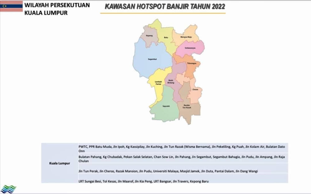 Rajah memaparkan kawasan KL dan senarai lokasi &#039;hotspot&#039; banjir. - Foto: Facebook Nadma.