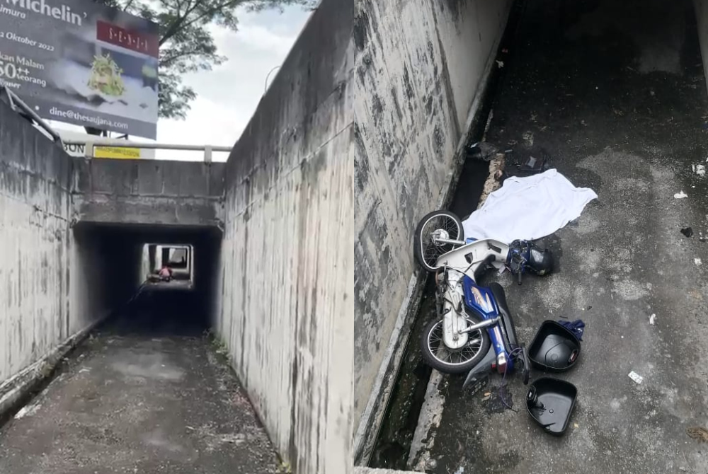 Lubang yang merupakan laluan motosikal yang tidak lagi digunakan. Gambar kanan: Motosikal mangsa yang tercampak.