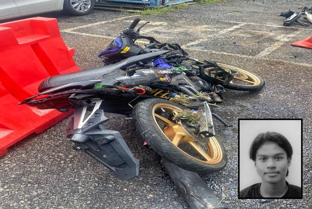 Keadaan motosikal Yamaha Y15 yang ditunggang Muhammad Nasrul selepas terlibat kemalangan maut. (Gambar dalam : Muhammad Nasrul)