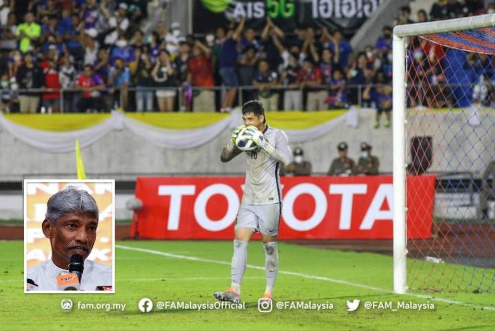 Syihan bakal menjadi benteng terakhir skuad Harimau Malaya pada aksi final Piala Raja Thailand menentang Tajikistan di Chiang Mai malam ini. Foto Agensi. (Gambar kecil: Rajagobal)