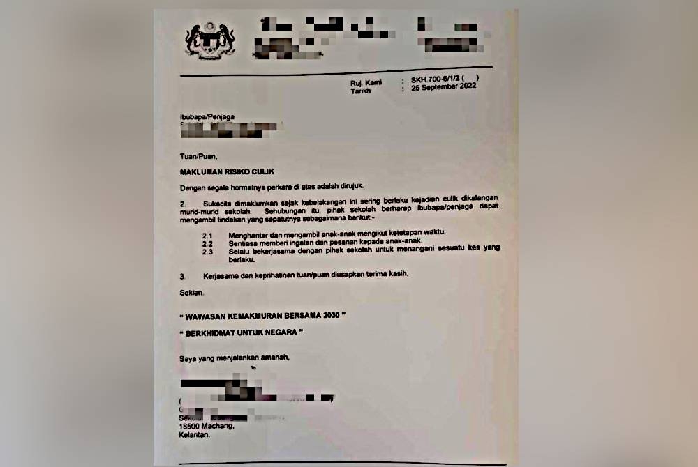 Sebuah sekolah di Kelantan mengeluarkan surat peringatan kepada ibu bapa berkait dengan risiko culik dalam kalangan murid tular pada Ahad.