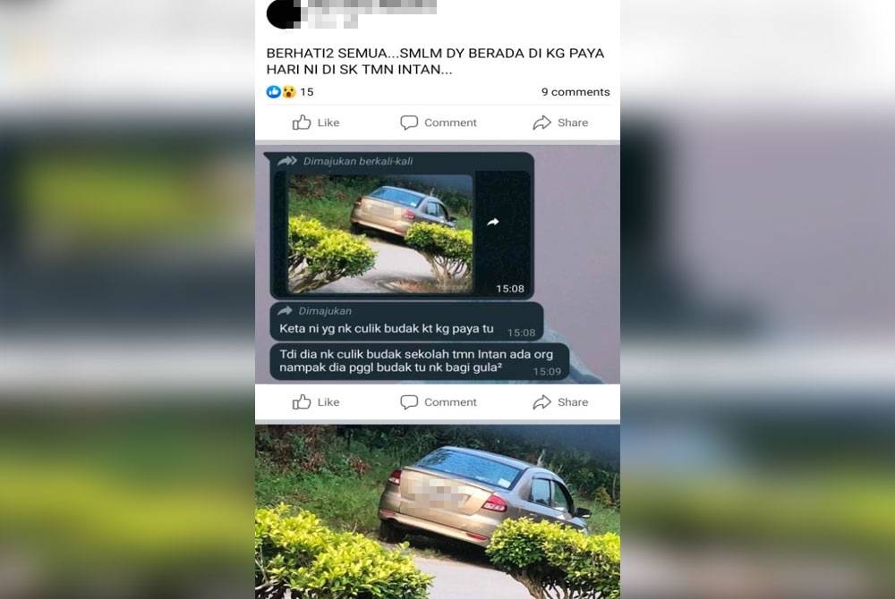 Hantaran seorang pemilik akaun Facebook yang mendakwa berlaku kes cubaan culik di Kampung Paya.