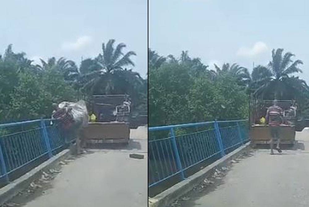 Tangkap layar video tular seorang lelaki membuang sampah ke dalam sungai dipercayai di Pontian.