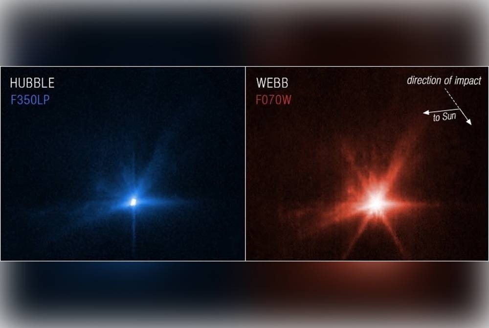 Teleskop James Webb (kanan) dan Teleskop Hubble (kiri) menunjukkan letupan akibat kapal angkasa DART merempuh asteroid Dimorphos pada awal minggu ini. - Foto AFP