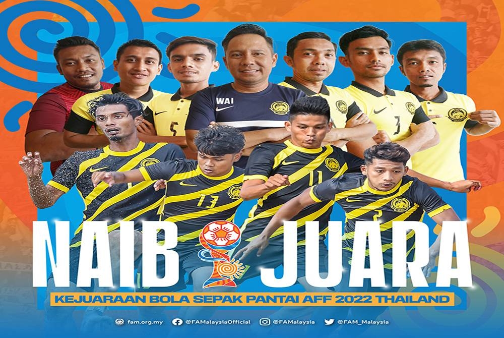 Malaysia muncul naib juara Kejuaraan Bola Sepak Pantai AFF 2022. - Foto FAM