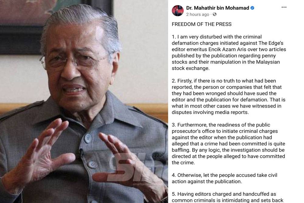 Tangkap layar kenyataan dimuat naik Dr Mahathir di laman Facebook.