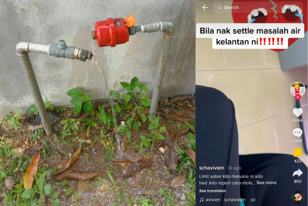 Gambar kiri: Bekalan air di rumah pengguna kembali pulih dan boleh digunakan seperti biasa. Gambar kanan: Schavivien memuat naik keluhannya berkaitan masalah air di akaun TikTok miliknya hingga menjadi tular.