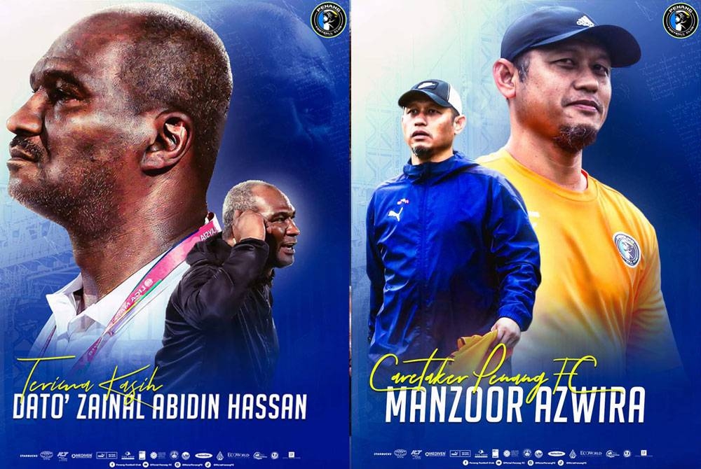 Ucapan terima kasih yang dimuat naik di akaun Facebook Penang Football Club buat Zainal Abidin. Gambar kanan: Manzoor Azwira menggantikan Zainal Abidin bagi mengendalikan Penang FC.