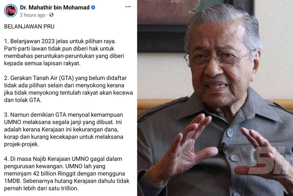 Tangkap layar kenyataan dimuat naik Dr Mahathir di laman Facebook.