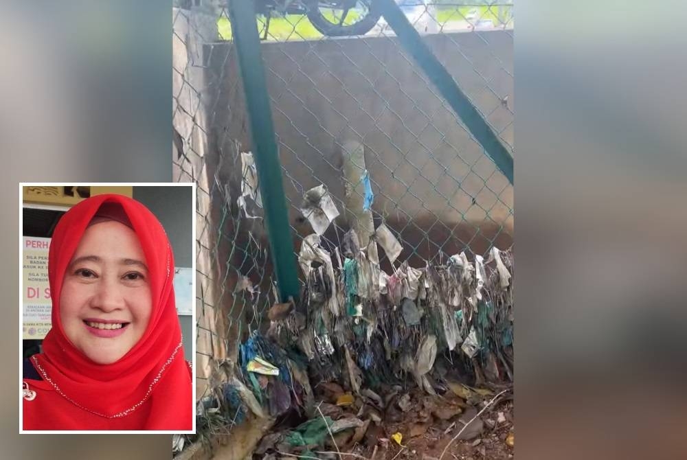 Limpahan air bukan sahaja membawa sampah-sarap yang melekat di pagar sekolah malah turut mengundang bau busuk sehingga menjejaskan pembelajaran. (Gambar kecil: Shahanim)