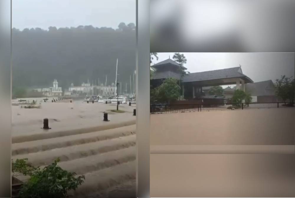 Tangkap layar video tular di media sosial beberapa kawasan di Langkawi dinaiki air.