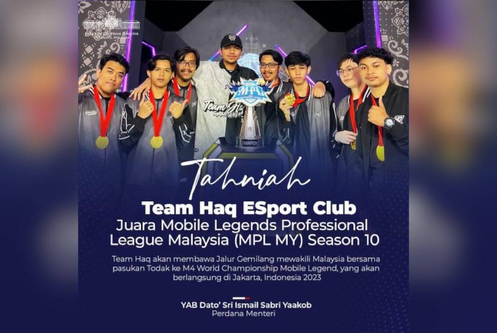 Ismail Sabri Yaakob mengucapkan tahniah kepada pasukan e-sukan Team Haq yang menjuarai Liga Profesional Mobile Legends (MPL) MY musim ke-10 dengan mengalahkan juara bertahan Todak,4-2, pada Ahad. - Foto FB Ismail Sabri Yaakob