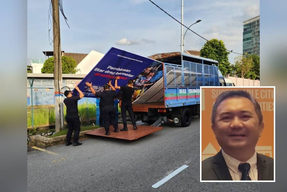 Pihak MBSJ menurunkan papan iklan haram didakwa digunakan untuk berkempen sempena PRU15 yang diletakkan di sekitar Subang Jaya. (Gambar kecil: Sze Han)