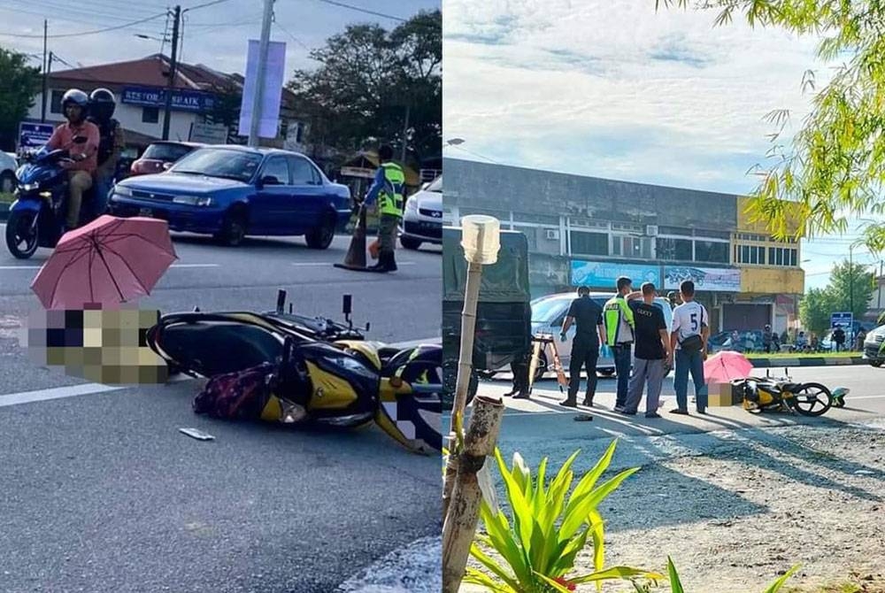 Nenek maut selepas motosikal yang ditunggang suaminya bersama cucunya bergesel dengan tayar sebuah treler di Chepor, Ipoh pada Isnin. Foto: Ihsan pembaca