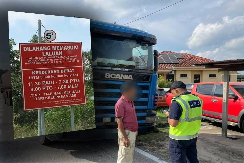 Anggota penguat kuasa JPJ Pahang mengeluarkan saman ke atas pemandu kenderaan perdagangan yang gagal mematuhi larangan melalui laluan waktu terhad dalam Ops Khas Papan Tanda di Jalan Permatang Badak di sini pada Selasa.(Gambar dalam) Papan tanda larangan pada waktu terhad di Jalan Permatang Badak di sini. - Gambar ihsan JP Pahang