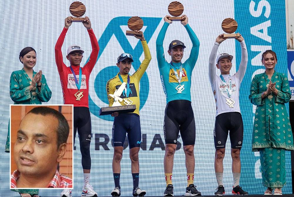 Pelumba Movistar Team Ivan Ramiro Sosa Cuervo (tiga, kiri) mengekalkan Jersi Kuning manakala Jersi Hijau dimenangi pelumba Uno-X Pro Cycling Team, Erlend Blikra (tiga, kanan). Gambar kecil: Abdul Malik