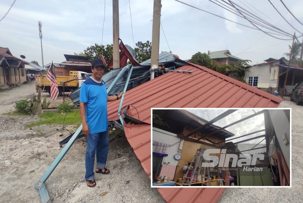 Mohd Ashri menunjukkan bumbung rumahnya yang diterbangkan ribut sejauh 100 meter dan tersangkut di tiang elektrik. (Keadaan dapur di rumah Mohd Ashri selepas bumbung rumah diterbangkan ribut.)