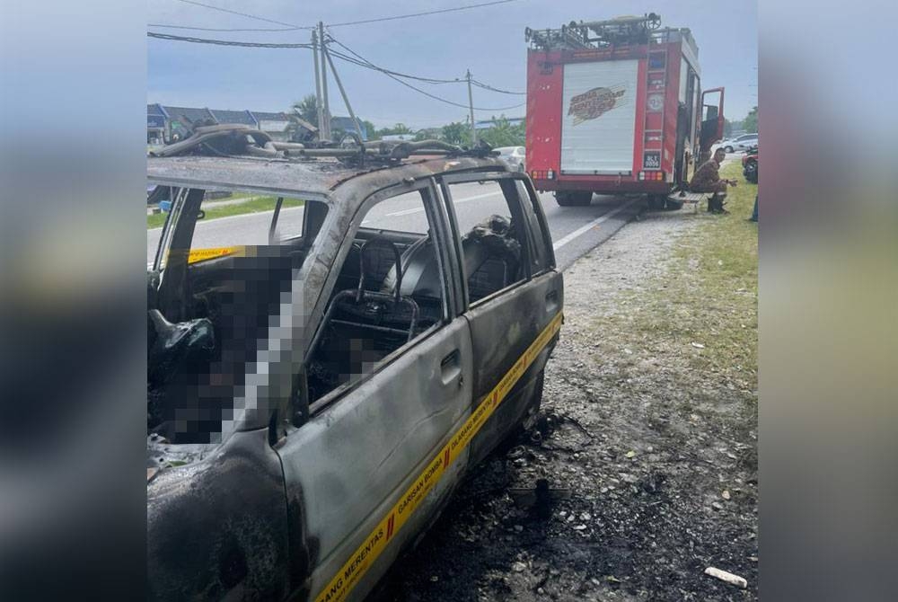 Mangsa ditemui rentung di dalam sebuah kereta jenis Perodua Kancil di tepi Jalan Shapadu Kampung Sungai Pinang di sini awal pagi Jumaat.