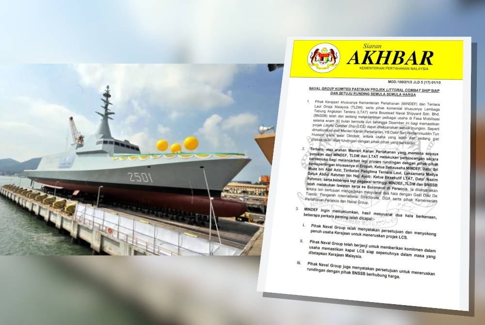 Naval Group memberi jaminan akan memastikan projek kapal tempur pesisir (LCS) siap sepenuhnya dalam masa yang ditetapkan oleh kerajaan Malaysia. ( Tangkap layar kenyataan Mindef pada Jumaat.)