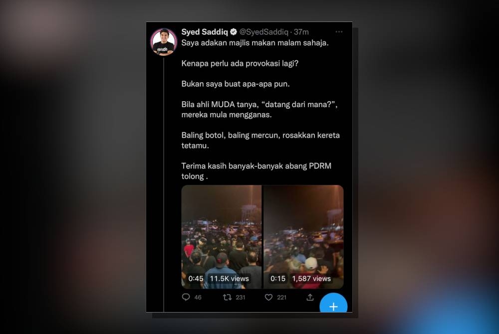 Insiden provokasi yang dimuat naik Syed Saddiq di Twitternya pada Sabtu.