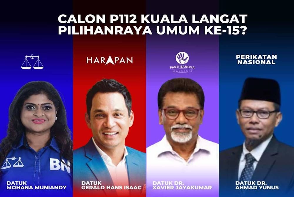 Poster tular memaparkan Mohana, Hans, Xavier dan Ahmad Yunus didakwa bertanding untuk kerusi Parlimen Kuala Langat pada PRU15.