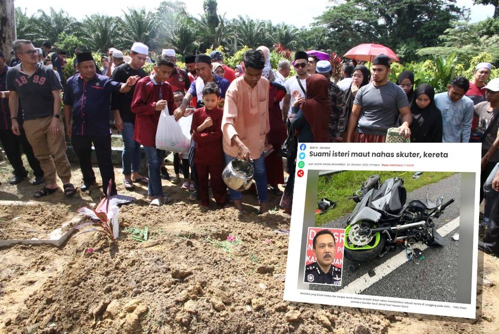 Muhaimin menyiram pusara kedua ibu bapanya yang terkorban dalam nahas di Lenggong pada Isnin. (Laporan Sinar Harian pada Selasa.)