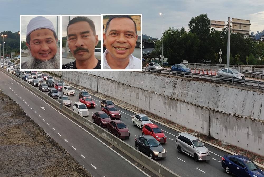 Kesesakan aliran trafik yang berlaku di Persiaran Mokhtar Dahari pada Rabu. (Gambar kecil: Mohd Marzuki, Badrulhisham, Mohamad Zailani)