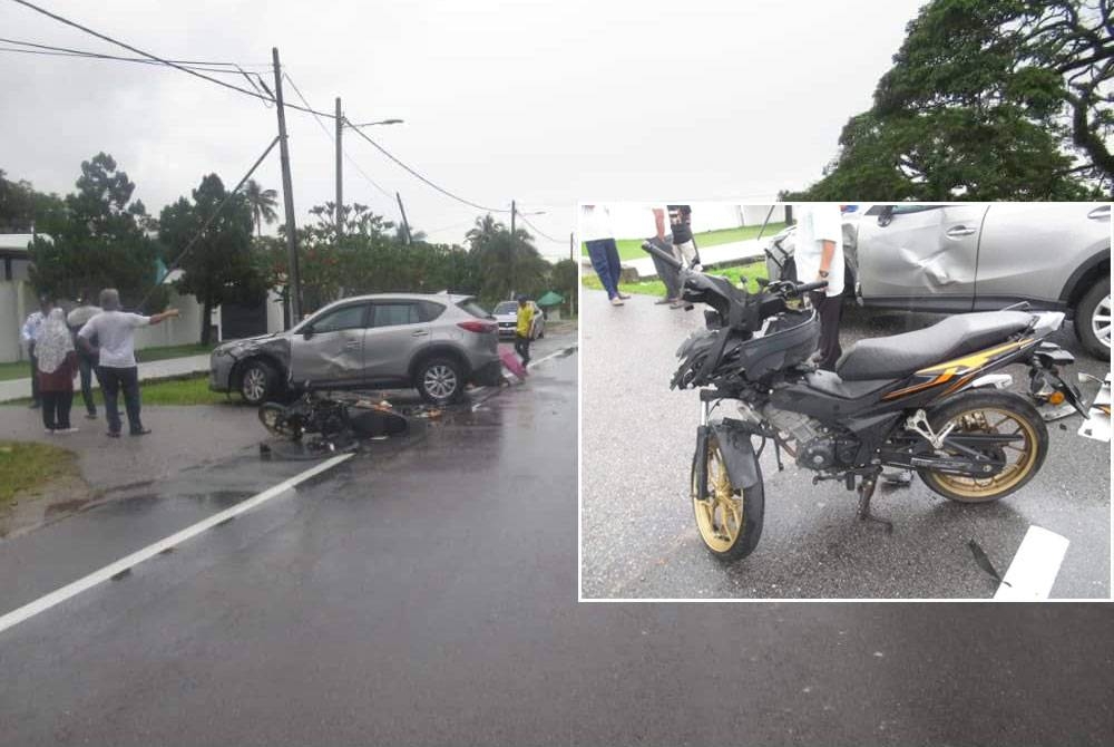 Lokasi kemalangan yang menyebabkan seorang wanita maut apabila motosikal ditunggangnya bertembung dengan sebuah kereta di Kilometer 1.2 Jalan Pontian-Kukup pada Rabu. -Foto: IPD Pontian, keadaan motosikal mangsa yang terlibat dalam kemalangan (gambar kanan).