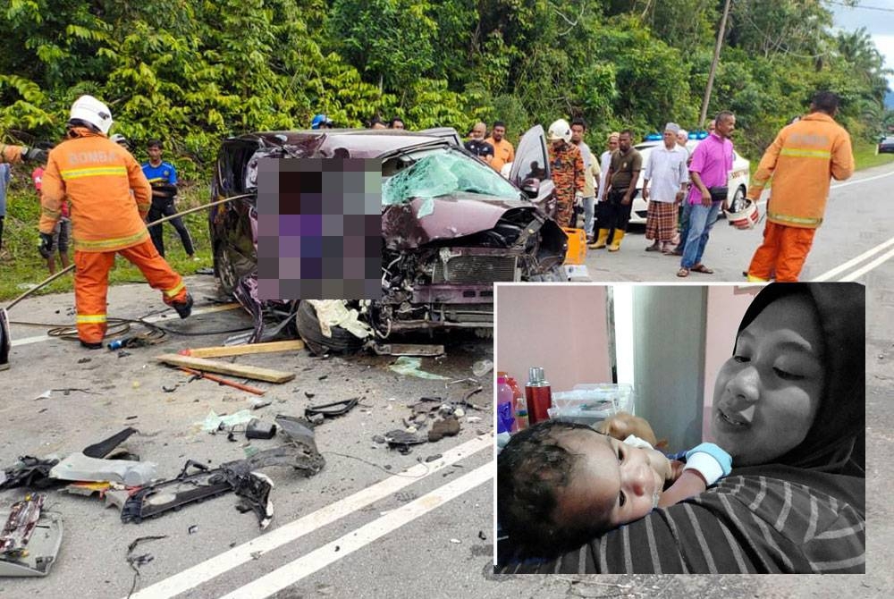 Keadaan Perodua Alza dipandu mangsa yang terlibat nahas di kilometer 83 Jalan Kuala Terengganu-Kota Bharu dekat Kampung Bintang, di Setiu, pada Jumaat. Gambar kecil: Fatin Hazlin Dahlia (kanan) bersama bayinya, Sayyid Uwais Al-Qarni