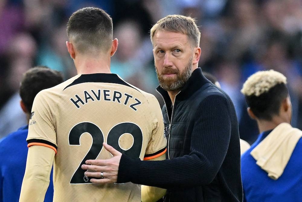 Havertz dan Potter selepas wisel penamat perlawanan EPL antara Brighton menentang Chelsea di Stadium Amex pada Sabtu. Foto: AFP