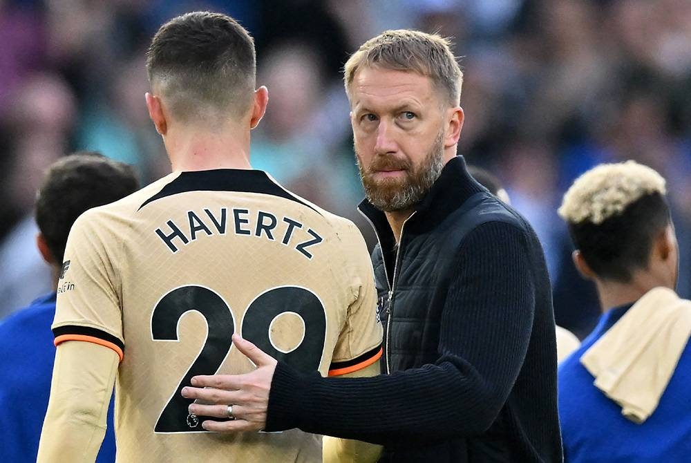 Havertz dan Potter selepas wisel penamat perlawanan EPL antara Brighton menentang Chelsea di Stadium Amex pada Sabtu. - Foto AFP